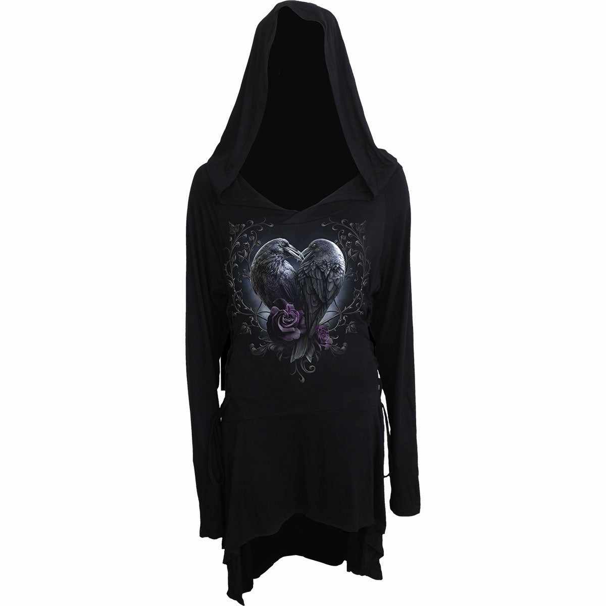 Spiral Ladies Hooded T-Shirt Dress: Raven Heart