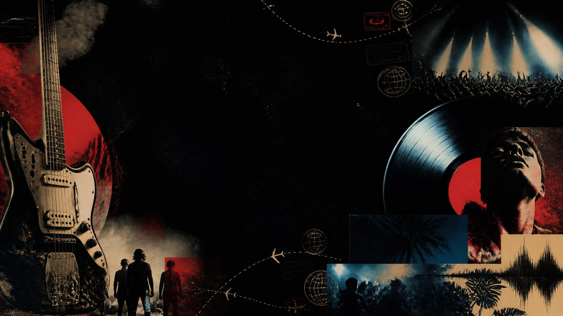 A cinematic collage of a vintage electric guitar, vinyl record and concert lights representing international music news