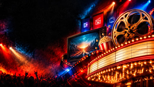 Cinematic movie and TV news collage with film reels, streaming screens and dramatic red and blue lighting