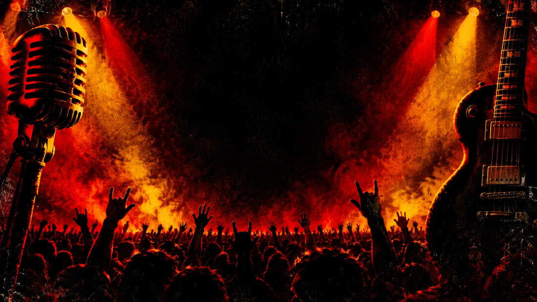A crowd beneath dramatic red and amber stage lights in a classic rock-inspired scene
