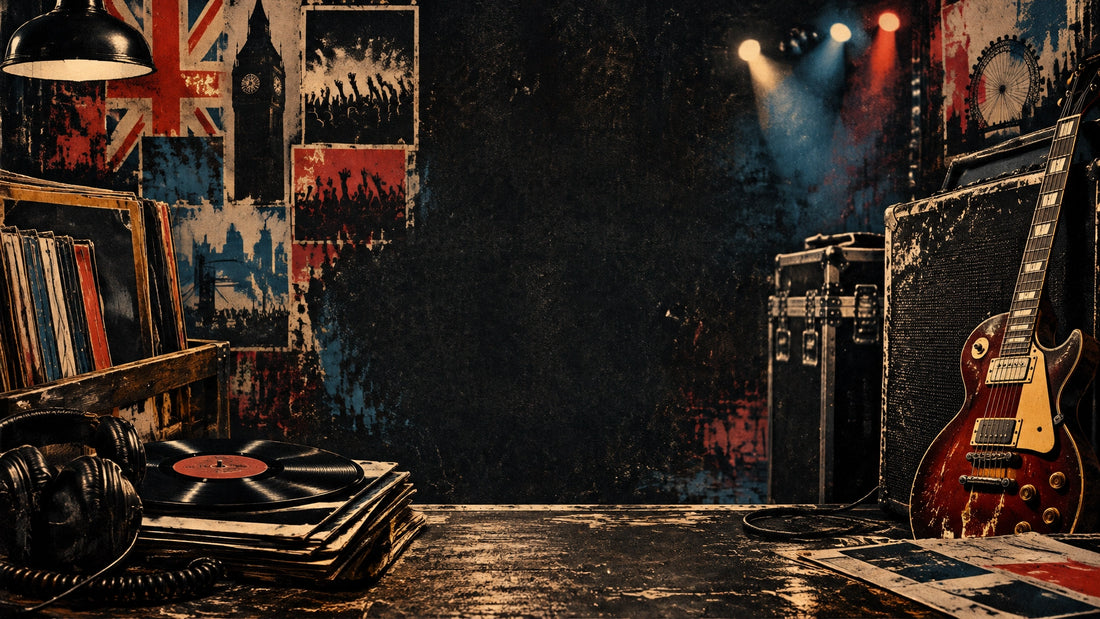 Vintage record shop scene with vinyl, a guitar, amplifier and warm concert lights