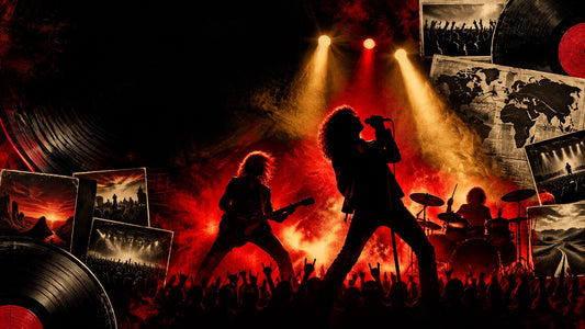 Dramatic classic rock concert stage with silhouettes of musicians under red and gold lights