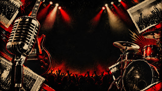 Classic Rock Universe-style collage of a microphone, electric guitar, concert lights and a festival crowd