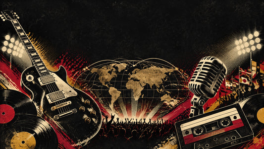 Vintage electric guitar, concert lights and vinyl records in a retro music news collage