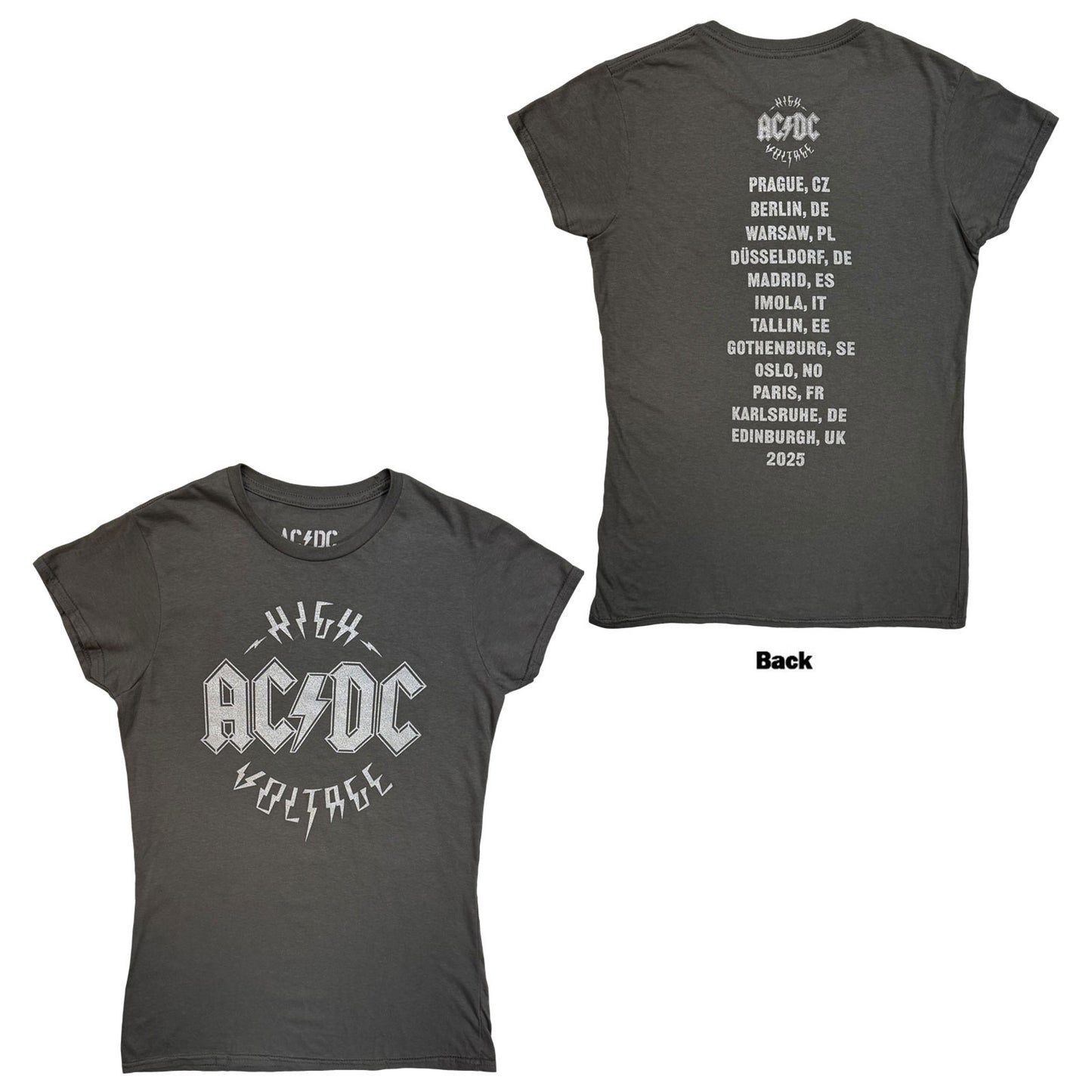 AC/DC Ladies T-Shirt: Silver High Voltage EU Tour '25