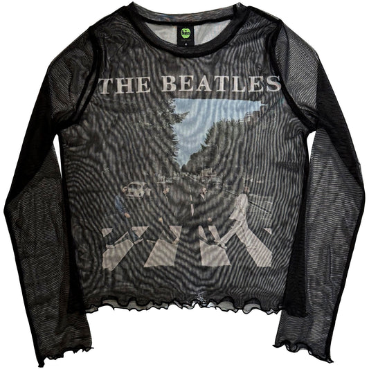The Beatles Ladies Long Sleeve Mesh Crop Top: Abbey Road & Logo
