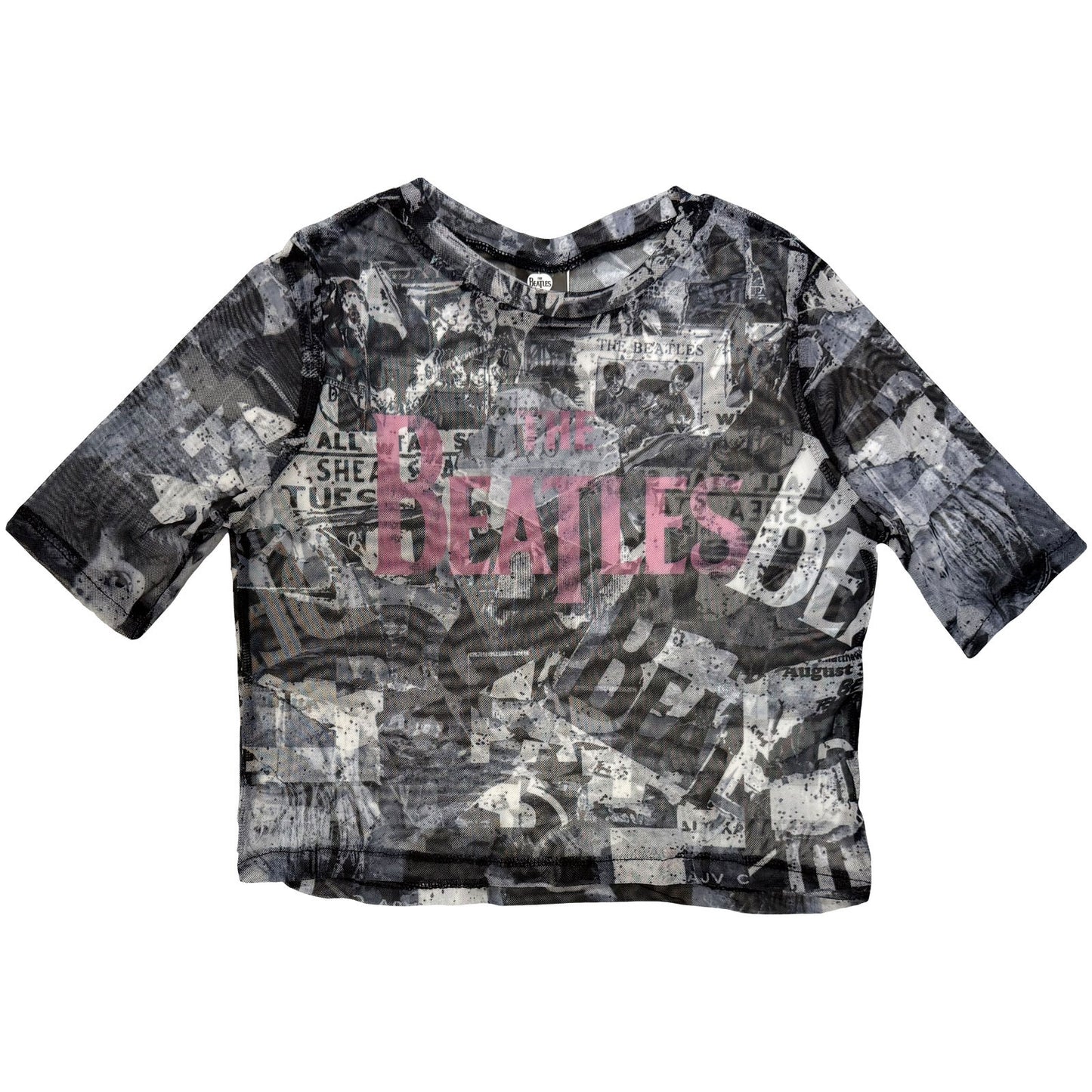 The Beatles Ladies Mesh Crop Top: All-Over-Print & Drop T Logo
