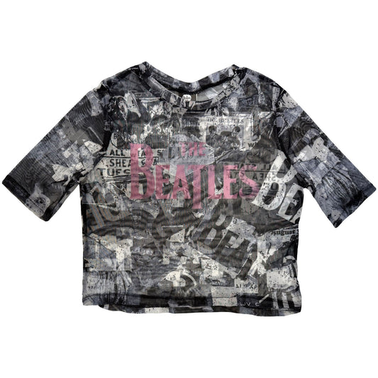 The Beatles Ladies Mesh Crop Top: All-Over-Print & Drop T Logo