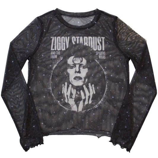 David Bowie Ladies Long Sleeve Mesh Crop Top: Ziggy v1