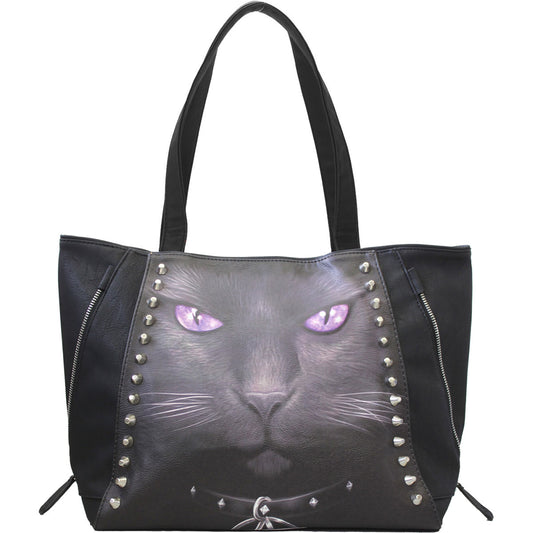 Spiral PU Leather Tote Bag: Black Cat