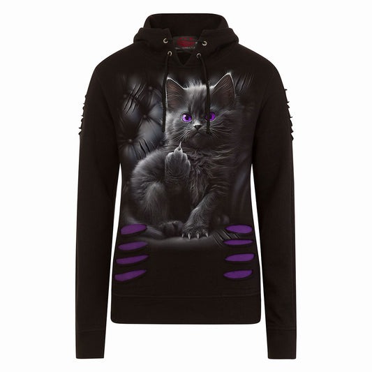 Spiral Ladies Ripped Pullover Hoodie: Cattitude