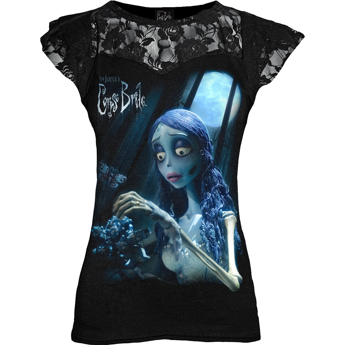 Corpse Bride Ladies Lace Layered Cap Sleeve Top: Glow In The Dark