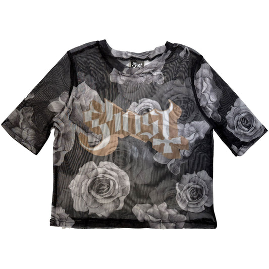 Ghost Ladies Mesh Crop Top: Logo & Roses