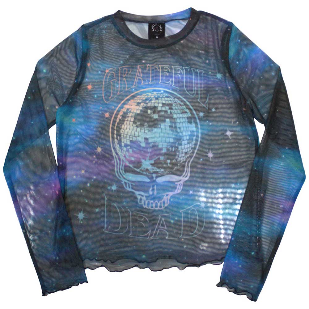 Grateful Dead Ladies Long Sleeve Mesh Crop Top: Stealy Glitter Ball