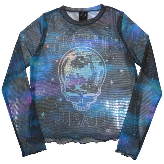 Grateful Dead Ladies Long Sleeve Mesh Crop Top: Stealy Glitter Ball