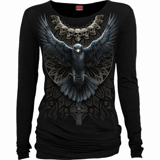Spiral Ladies Long Sleeve Baggy T-Shirt: Raven Skull
