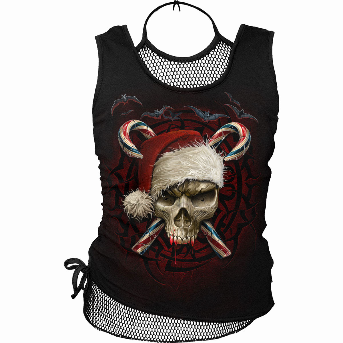 Spiral Ladies 2-in-1 Neck Tie Mesh Top: Candy Cane Santa