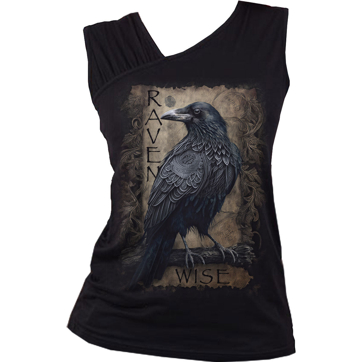 Spiral Ladies Gathered Shoulder Slant Vest T-Shirt: Raven Wise