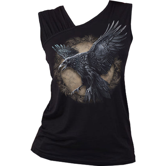 Spiral Ladies Gathered Shoulder Slant Vest T-Shirt: Raven Wise - Wings