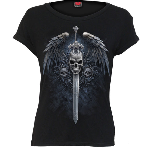 Spiral Ladies Boatneck Bat Sleeve Top: Angel Sword