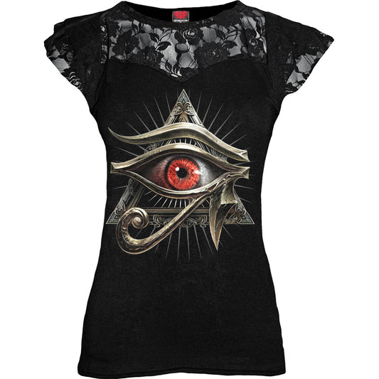 Spiral Ladies Lace Layered Cap Sleeve Top: Evil Eye