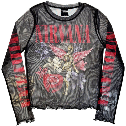 Nirvana Ladies Long Sleeve Mesh Crop Top: In Utero Vintage Collage