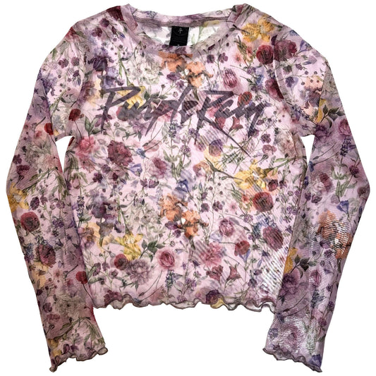Prince Ladies Long Sleeve Mesh Crop Top: Purple Rain Logo Floral