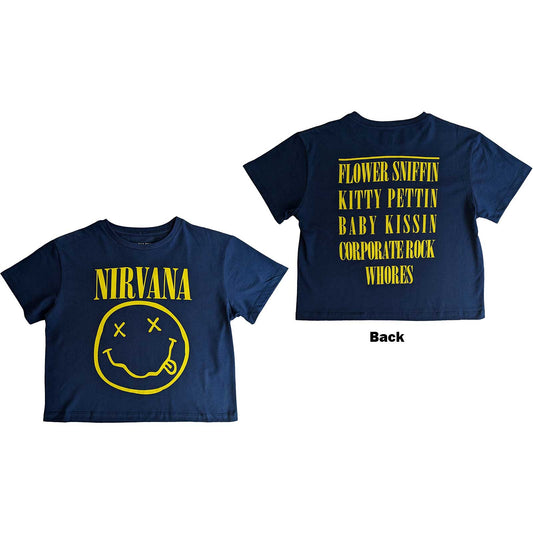 Nirvana Ladies Crop Top: Yellow Happy Face Flower Sniffin