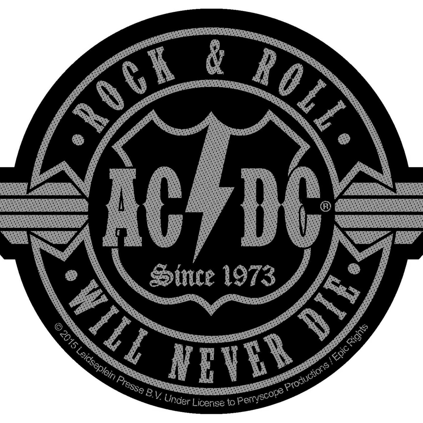 AC/DC Standard Woven Patch: Rock N Roll Will Never Die Cut-Out