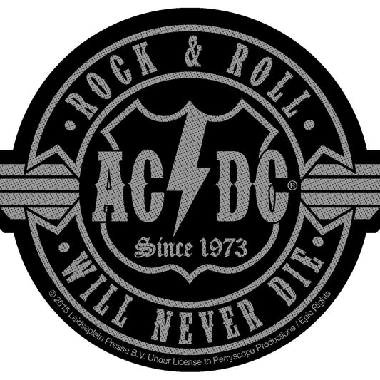 AC/DC Standard Woven Patch: Rock N Roll Will Never Die Cut-Out